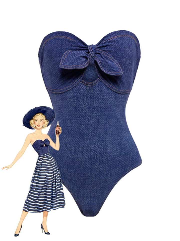 2PCS 1980s Strapless Denim Bow Swimsuit &amp; Striped Cover-Up - vintage swimsuit, pin-up style