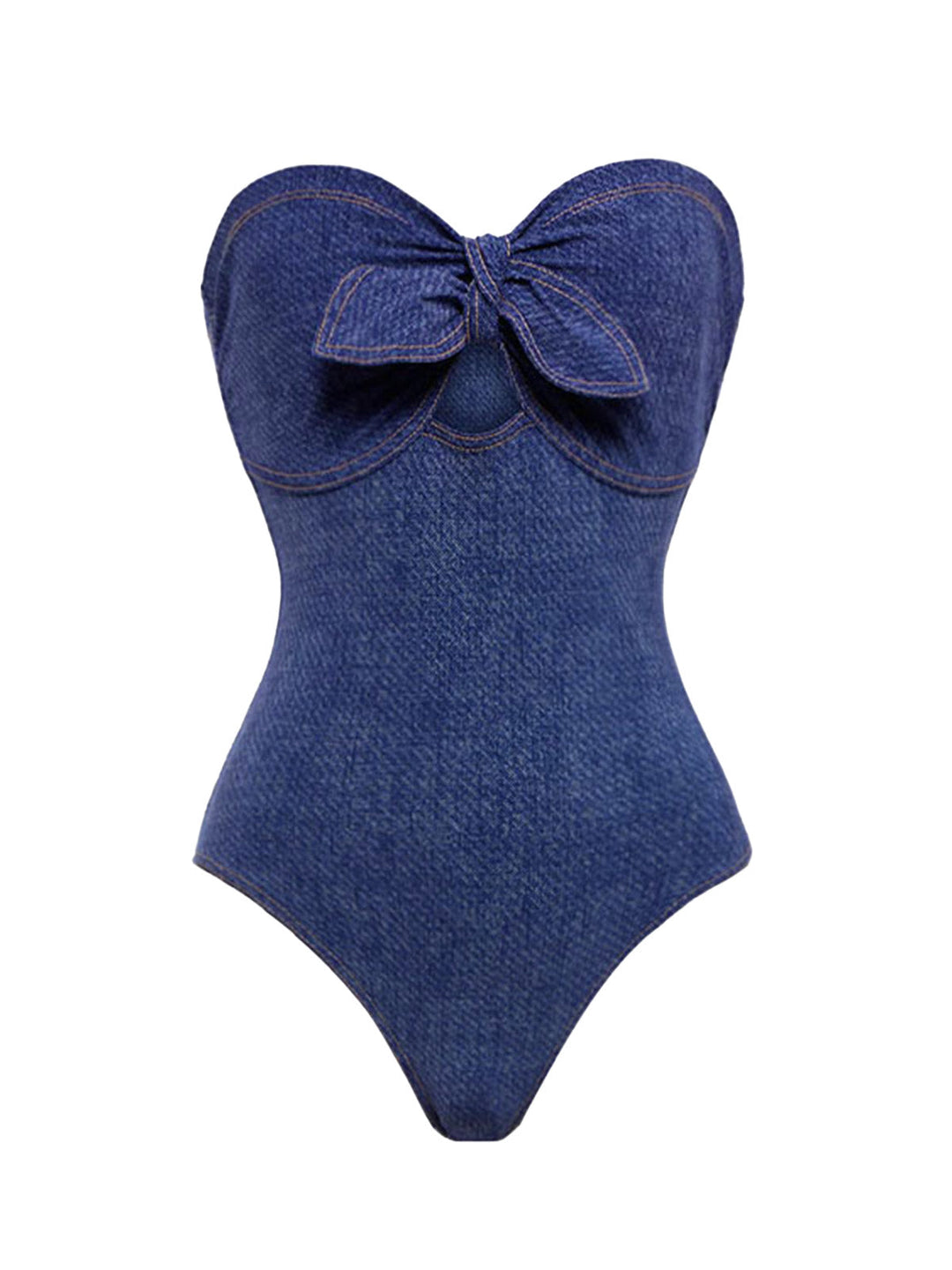 2PCS 1980s Strapless Denim Bow Swimsuit &amp; Striped Cover-Up - vintage swimsuit, pin-up style