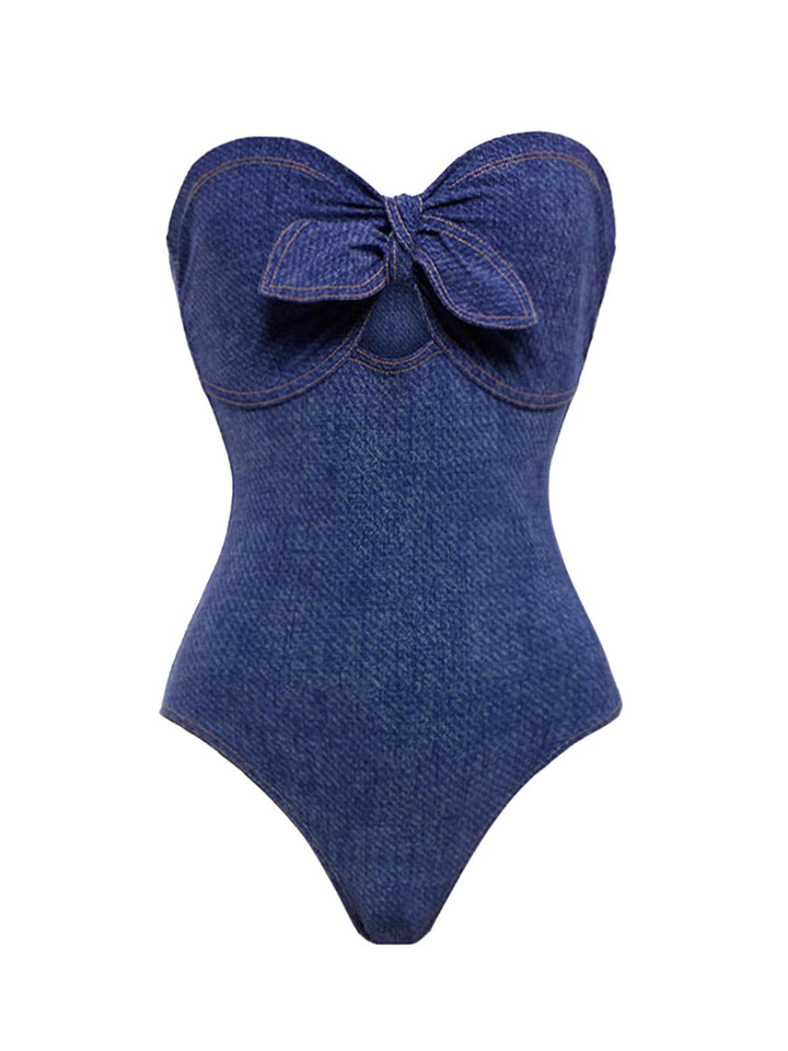 2PCS 1980s Strapless Denim Bow Swimsuit &amp; Striped Cover-Up - vintage swimsuit, pin-up style