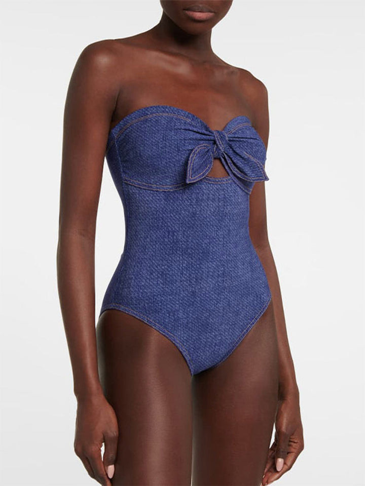 2PCS 1980s Strapless Denim Bow Swimsuit &amp; Striped Cover-Up - vintage swimsuit, pin-up style