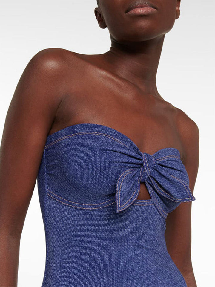 2PCS 1980s Strapless Denim Bow Swimsuit &amp; Striped Cover-Up - vintage swimsuit, pin-up style