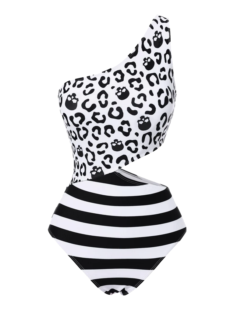 Black 1980s One-Shoulder Hollow Skull Stripe Swimsuit - vintage swimsuit, pin-up style, classic black