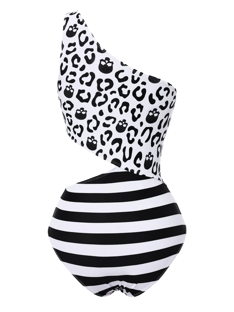 Black 1980s One-Shoulder Hollow Skull Stripe Swimsuit - vintage swimsuit, pin-up style, classic black