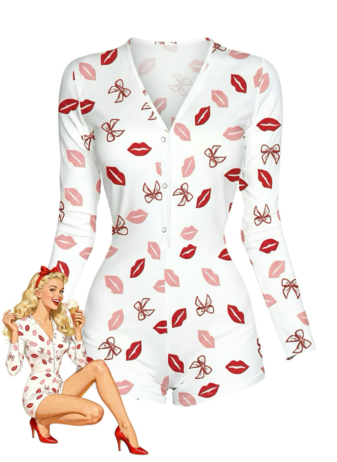 V-Neck Heart Slip Print Romper Pajama - vintage jumpsuit, retro fashion