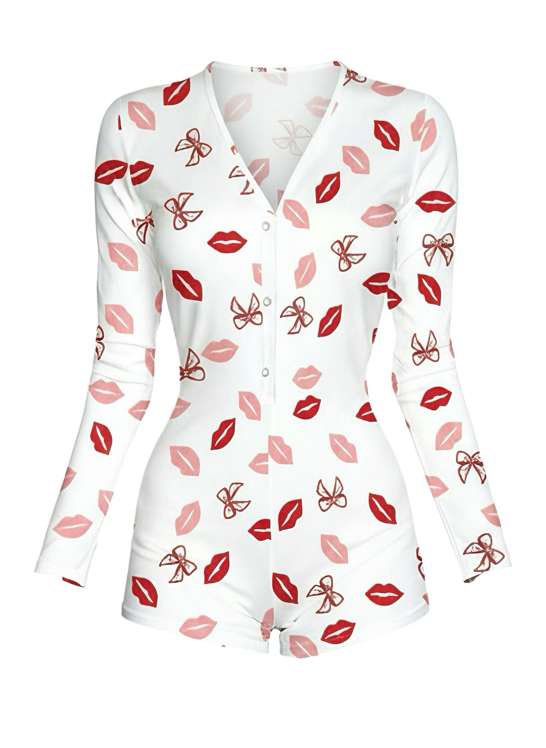 V-Neck Heart Slip Print Romper Pajama - vintage jumpsuit, retro fashion