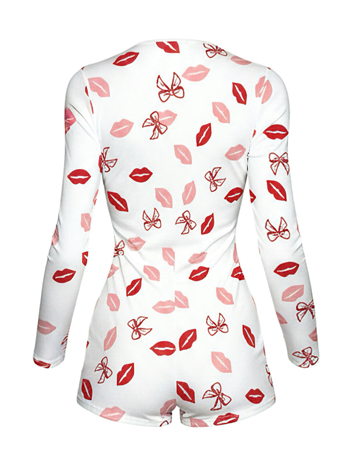 V-Neck Heart Slip Print Romper Pajama - vintage jumpsuit, retro fashion