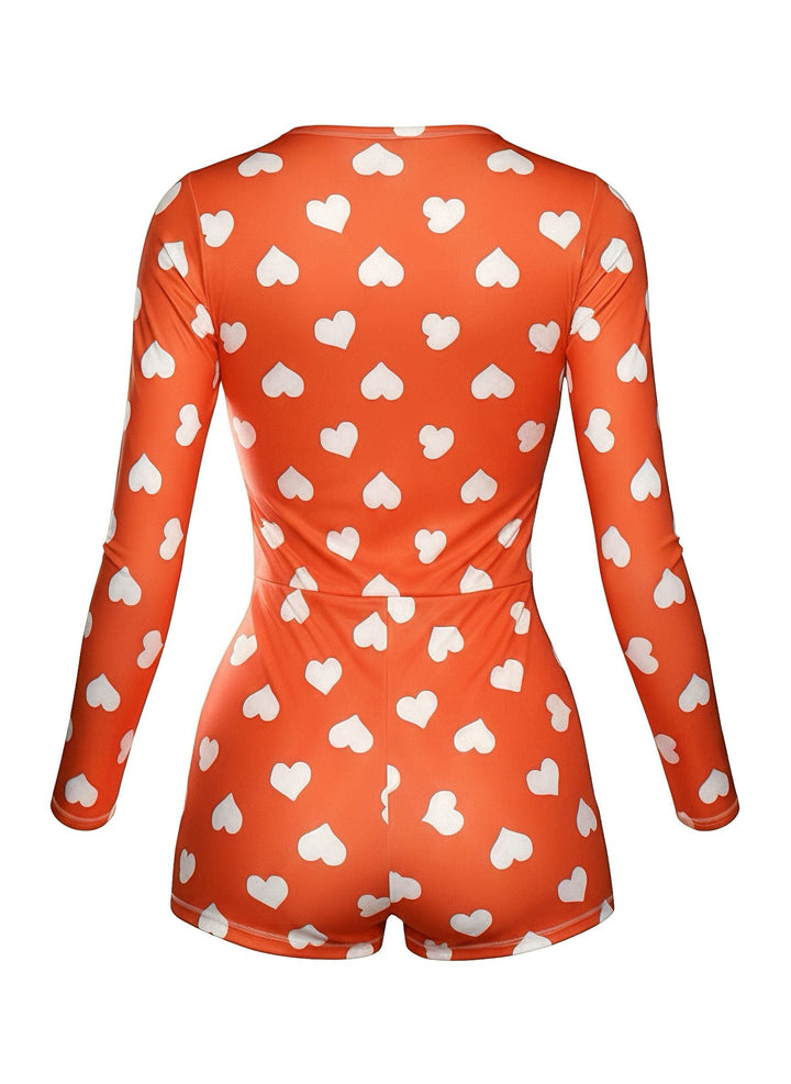 V-Neck Heart Slip Print Romper Pajama - vintage jumpsuit, retro fashion