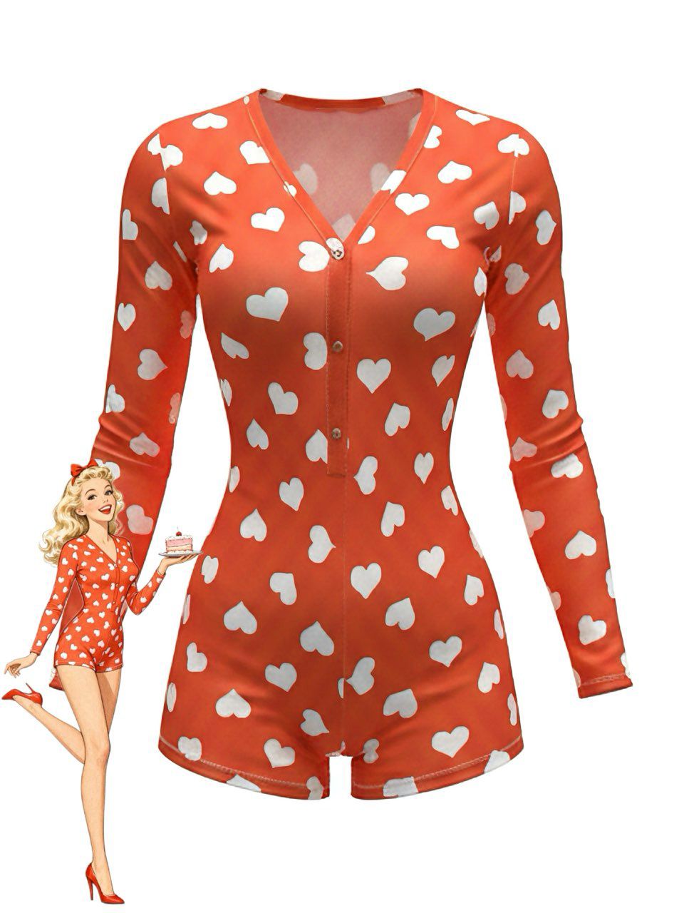 V-Neck Heart Slip Print Romper Pajama, vintage romper, retro jumpsuit - perfect for women who love vintage and retro fashion