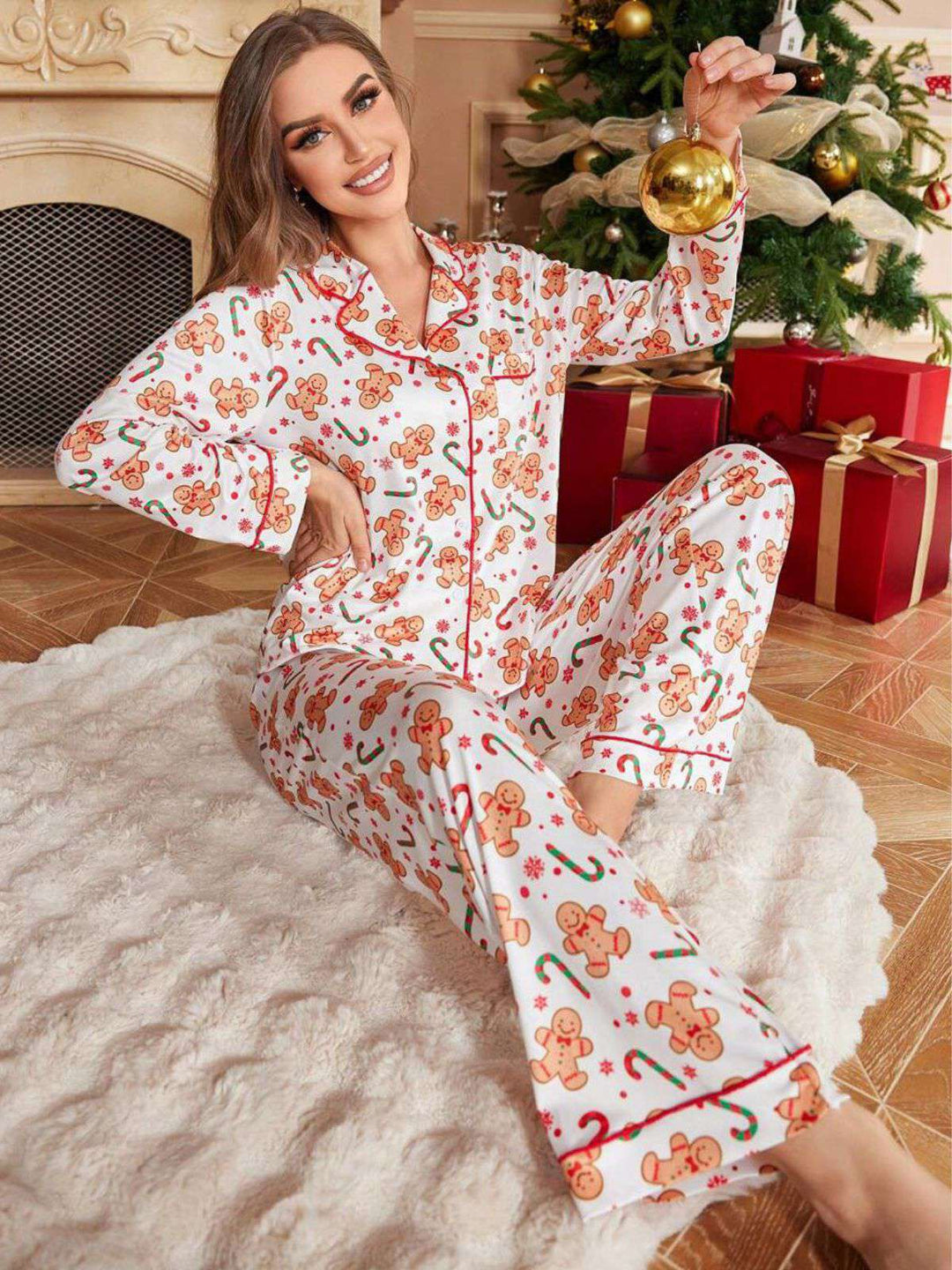 White Gingerbread Candy Cane Christmas Pajama Set - vintage fashion, retro style, pure white