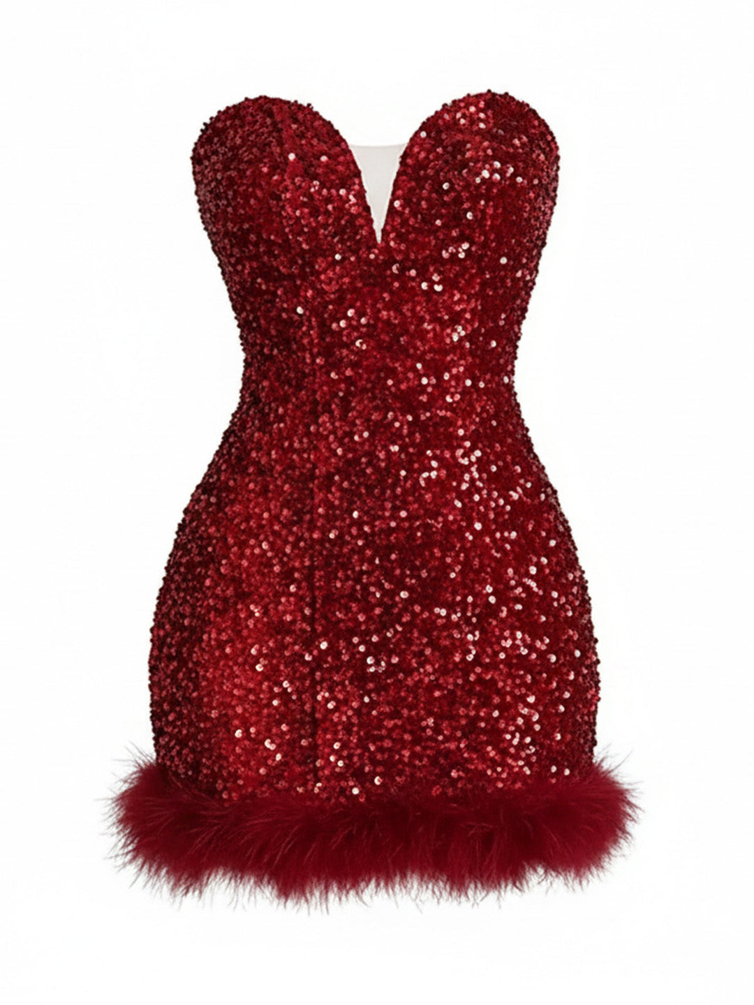 Wine Red Strapless Sequin Feather Trim Mini Dress