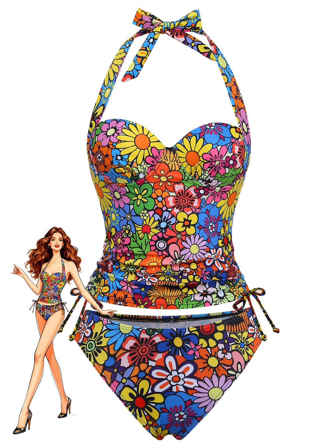 2000s Daisy Halter Colourful Tankini Set - vintage fashion, retro style, classic elegance for vintage lovers