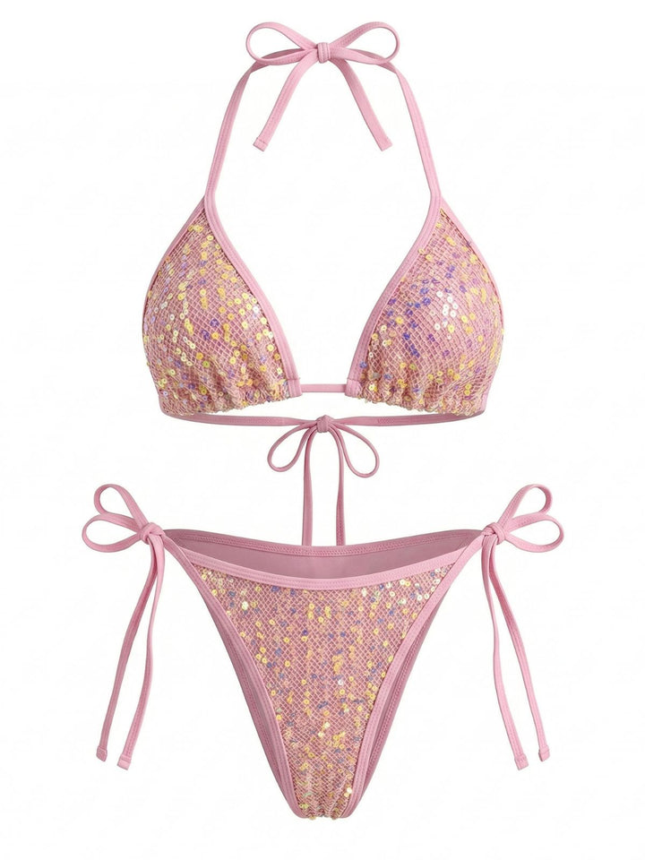 2000s Y2K Sequin Tie-Halter Triangle Bikini Set: beautiful vintage swimwear, retro swimsuit, pin-up style with timeless appeal