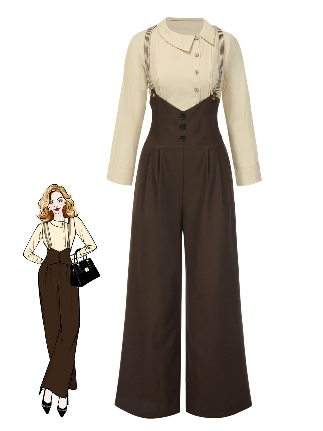 2PCS 1930s Cotton Solid Blouse &amp; Suspender Pants - vintage fashion, retro style