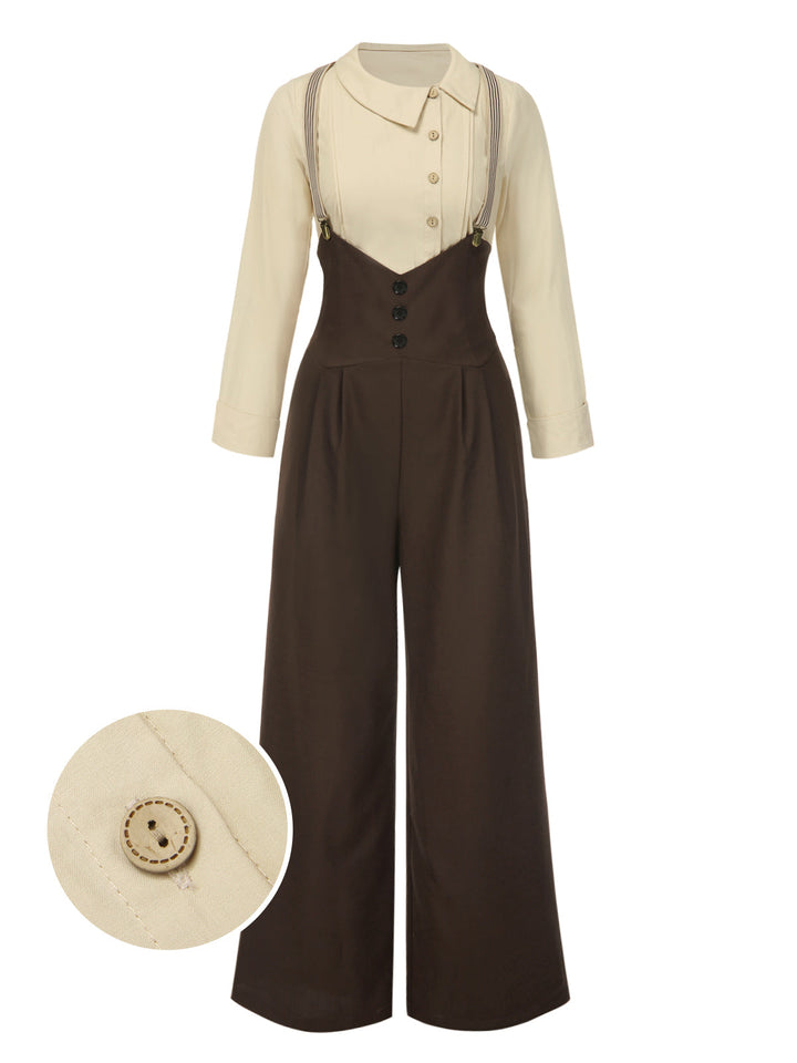 2PCS 1930s Cotton Solid Blouse &amp; Suspender Pants - vintage fashion, retro style