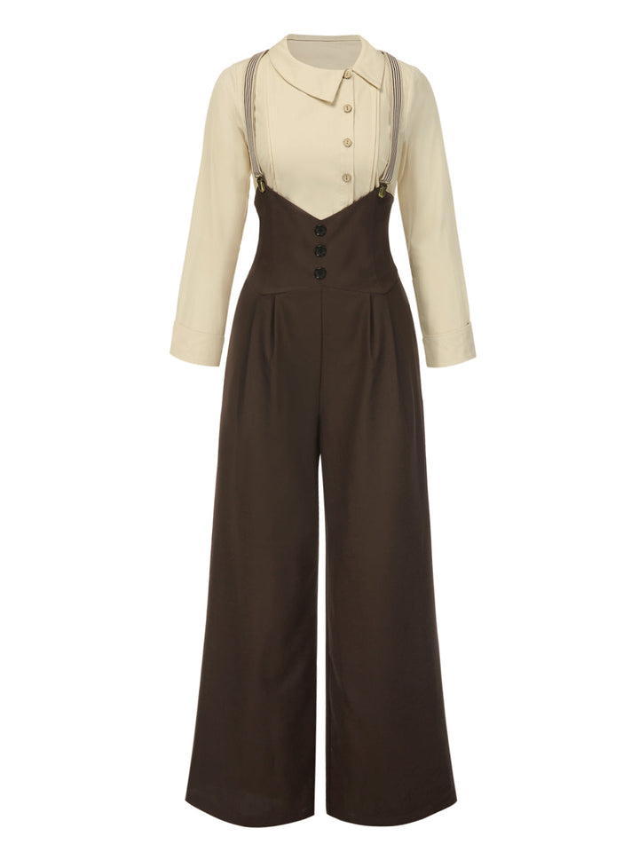 2PCS 1930s Cotton Solid Blouse &amp; Suspender Pants - vintage fashion, retro style