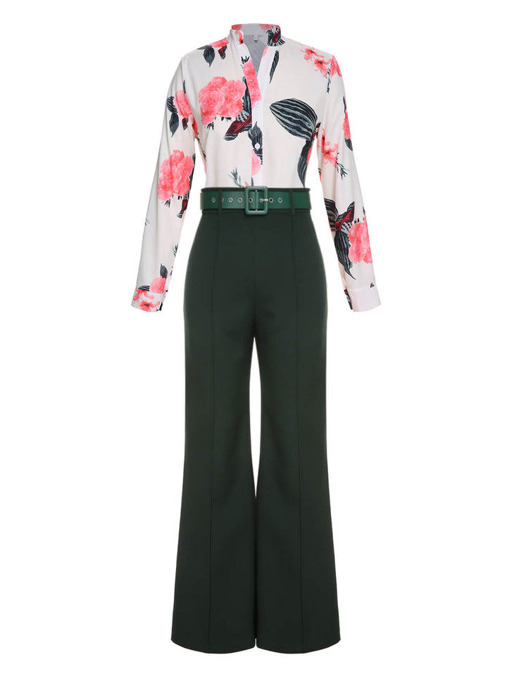2PCS 1930s Floral Blouse &amp; Green Wideleg Pants: timeless style reimagined
