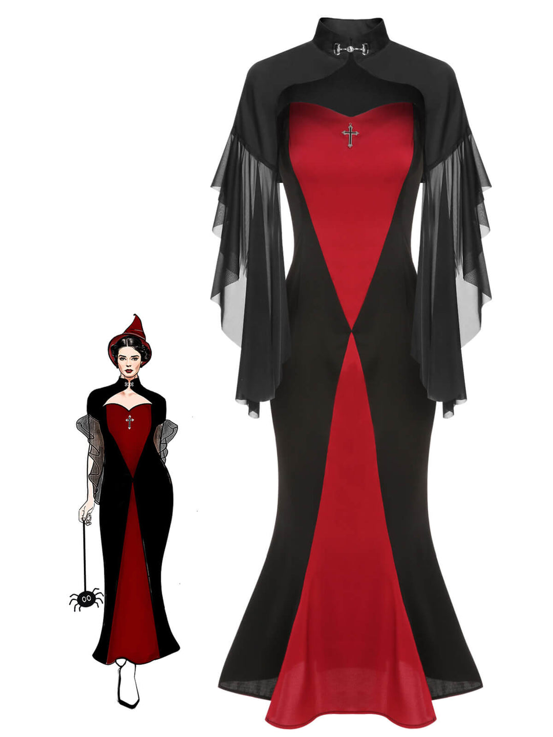 2PCS 1930s Halloween Fishtail Dress &amp; Sheer Coat - vintage dress, retro fashion