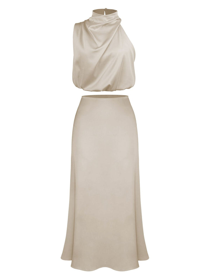 2PCS 1930s Solid Satin Mock Collar Top &amp; Fishtail Skirt — 1930s elegance she can wear anywhere