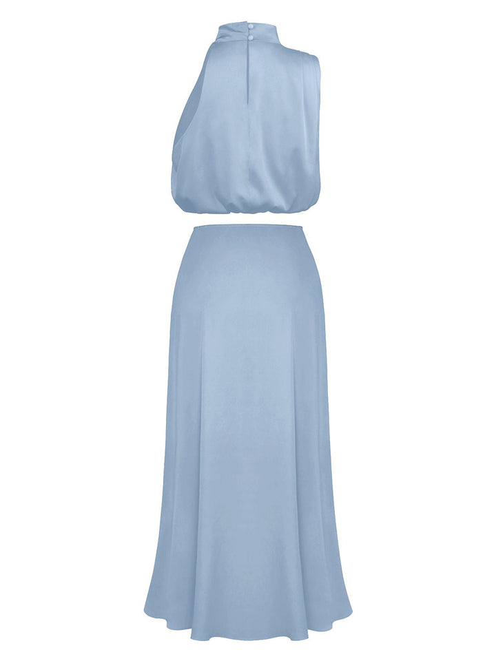 This 2PCS 1930s Solid Satin Mock Collar Top &amp; Fishtail Skirt brings 1930s soul to her everyday