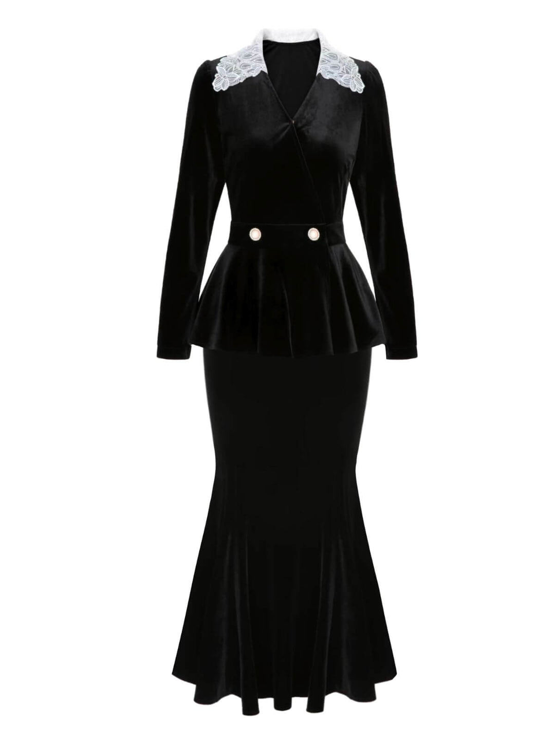 She pairs this 2PCS 1930s Solid Velvet Top &amp; Mermaid Skirt with confidence and 1930s charm