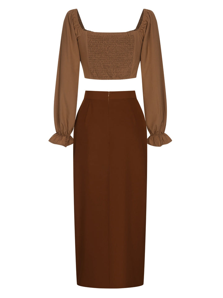 2PCS 1930s Square Neck Trumpet Sleeve Top &amp; Pleated Skirt, vintage skirt, retro style - perfect for women who love vintage and retro fashion