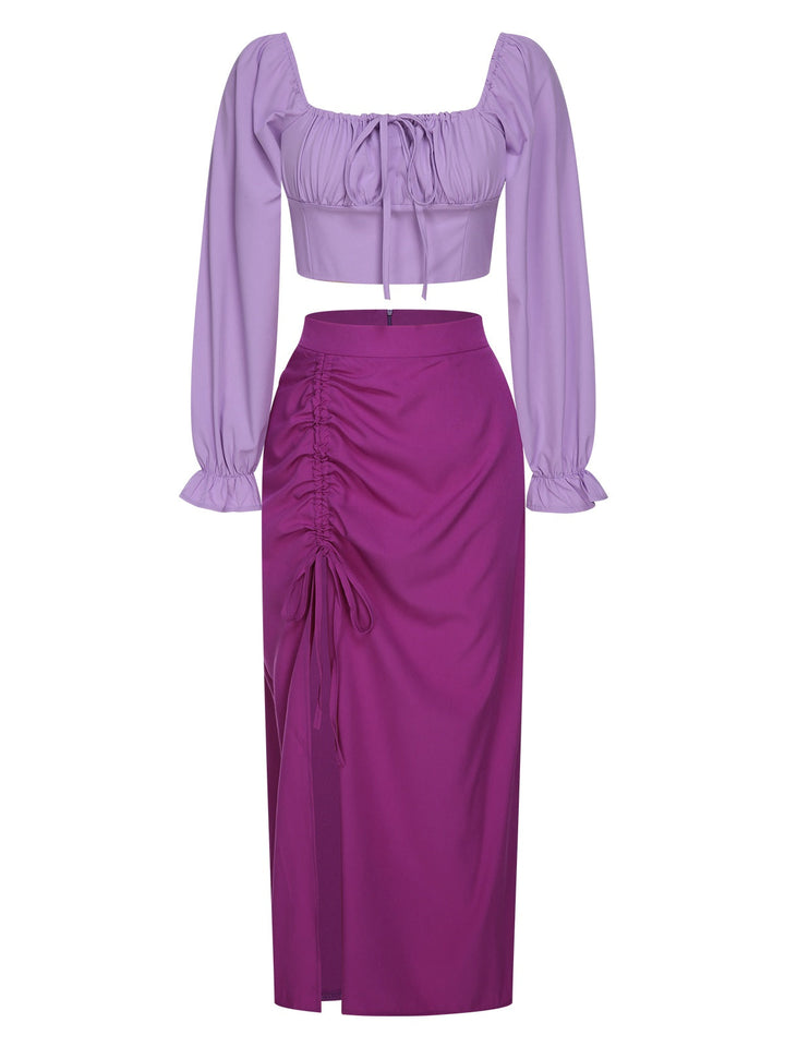 2PCS 1930s Square Neck Trumpet Sleeve Top &amp; Pleated Skirt, vintage skirt, retro style - perfect for women who love vintage and retro fashion