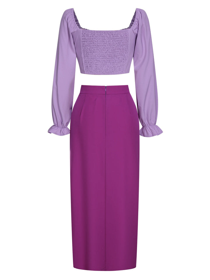 2PCS 1930s Square Neck Trumpet Sleeve Top &amp; Pleated Skirt, vintage skirt, retro style - perfect for women who love vintage and retro fashion