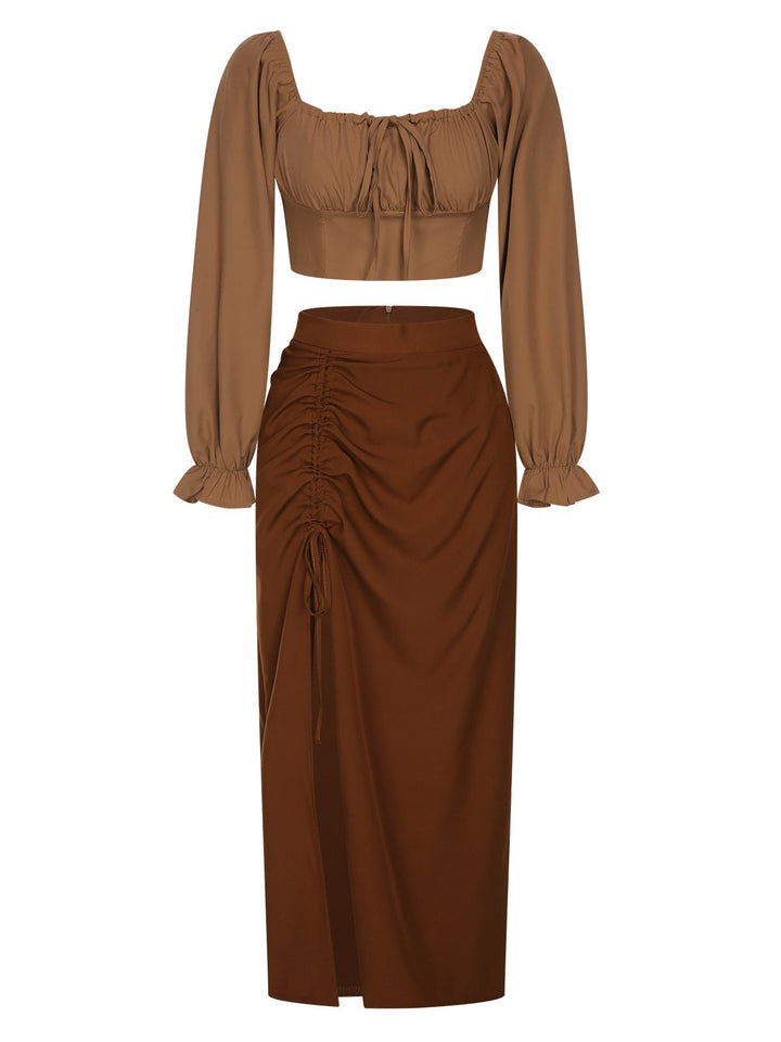 2PCS 1930s Square Neck Trumpet Sleeve Top &amp; Pleated Skirt, vintage skirt, retro style - perfect for women who love vintage and retro fashion