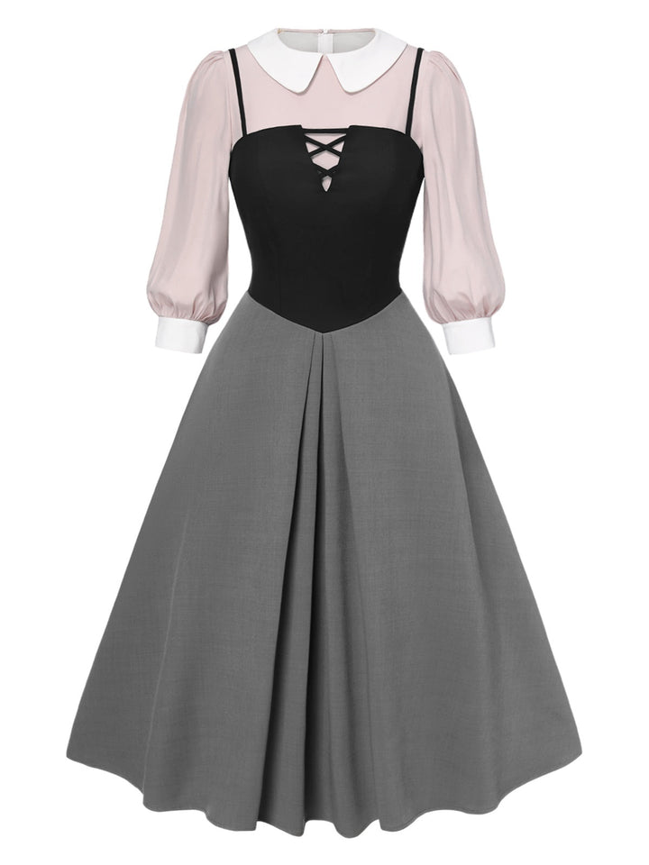 2PCS 1940s Colorblock Pink Blouse &amp; Gray Dress: where 1940s romance meets her modern spirit