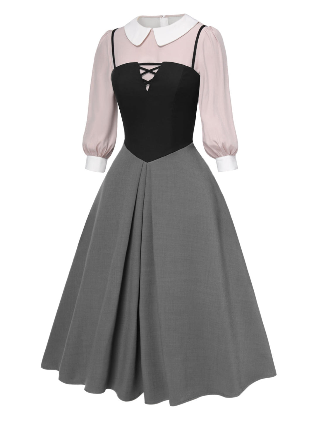 This 2PCS 1940s Colorblock Pink Blouse &amp; Gray Dress wraps her in 1940s elegance, one twirl at a time