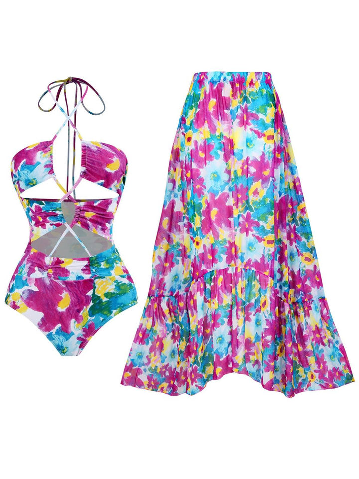 This 2PCS 1940s Cutout Halter Oil Painting Swimsuit &amp; Cover-Up carries 1940s vacation dreams in every stitch