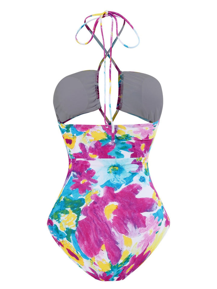 2PCS 1940s Cutout Halter Oil Painting Swimsuit &amp; Cover-Up — 1940s poolside glamour meets sun-drenched confidence