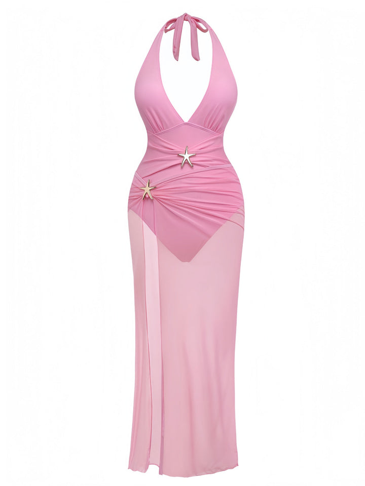 2PCS 1940s Deep V Halter Starfish One-Piece Swimsuit &amp; Cover-Up, vintage swimsuit, pin-up swimwear - perfect for women who love vintage and retro fashion