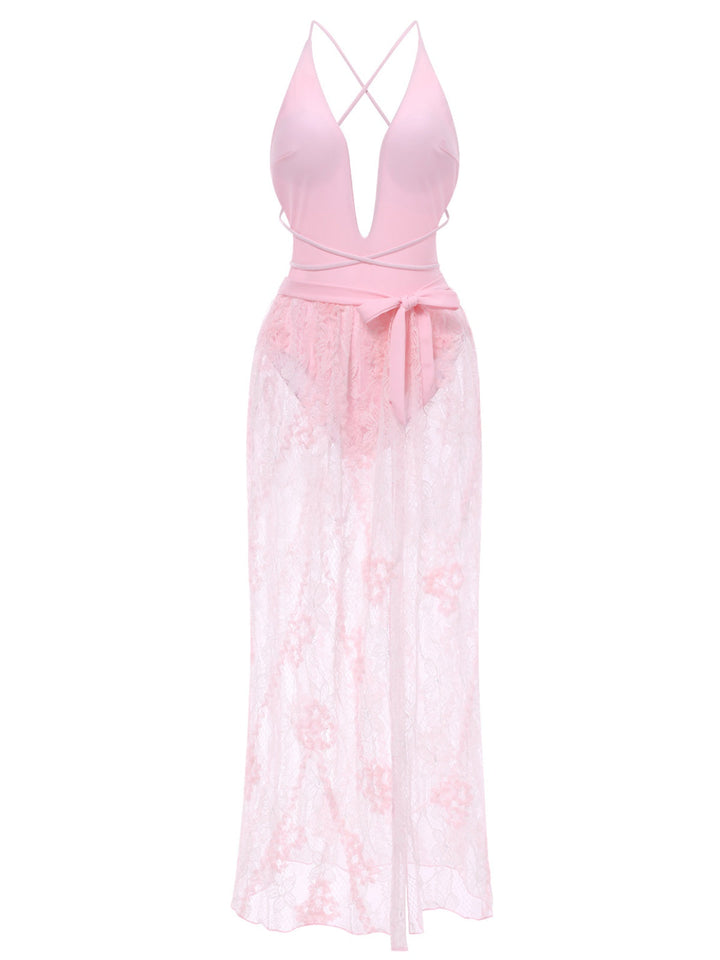 2PCS 1940s Deep-V One-Piece Swimsuit &amp; Lace Cover-Up — because 1940s glamour never goes out of style