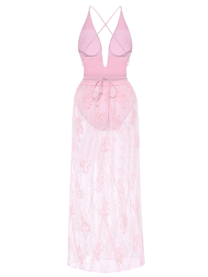 2PCS 1940s Deep-V One-Piece Swimsuit &amp; Lace Cover-Up — 1940s poolside glamour meets sun-drenched confidence