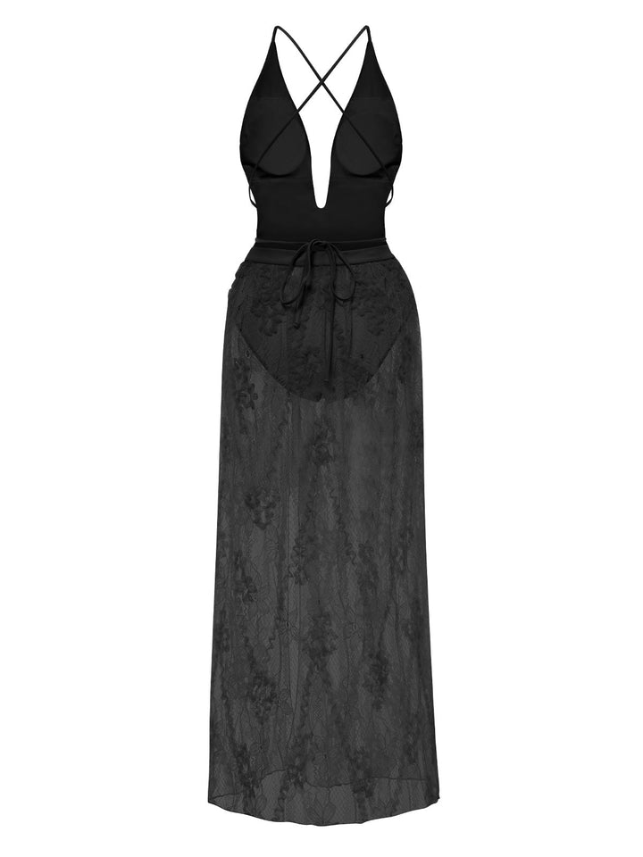 2PCS 1940s Deep-V One-Piece Swimsuit &amp; Lace Cover-Up, vintage swimsuit, pin-up swimwear - perfect for women who love vintage and retro fashion