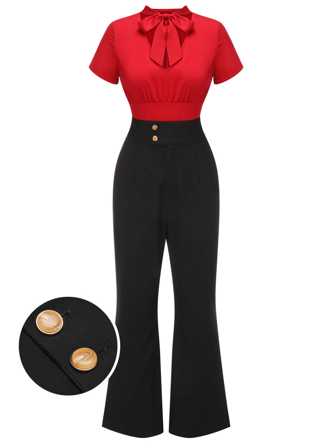 2PCS 1940s Red Tie-Up Blouse &amp; Black Pants, vintage top, blouse - perfect for women who love vintage and fashion