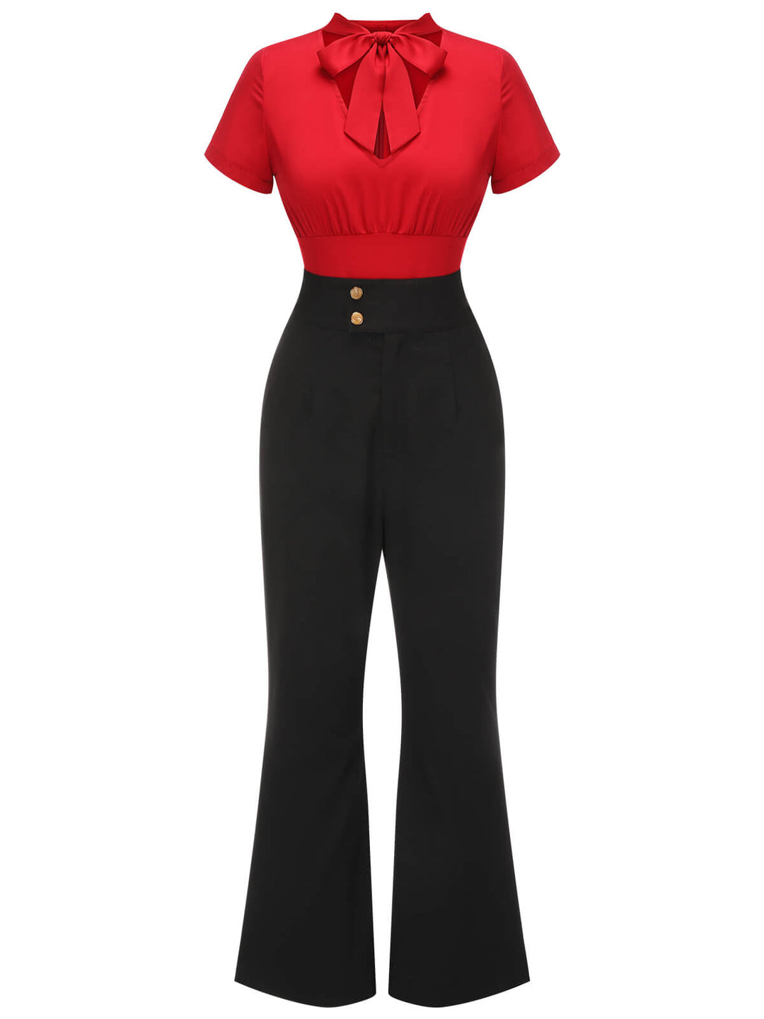 2PCS 1940s Red Tie-Up Blouse &amp; Black Pants, vintage top, blouse - perfect for women who love vintage and fashion