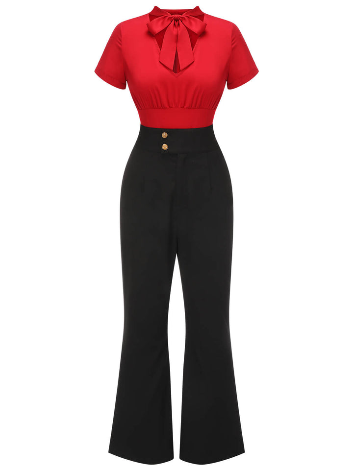 2PCS 1940s Red Tie-Up Blouse &amp; Black Pants, vintage top, blouse - perfect for women who love vintage and fashion
