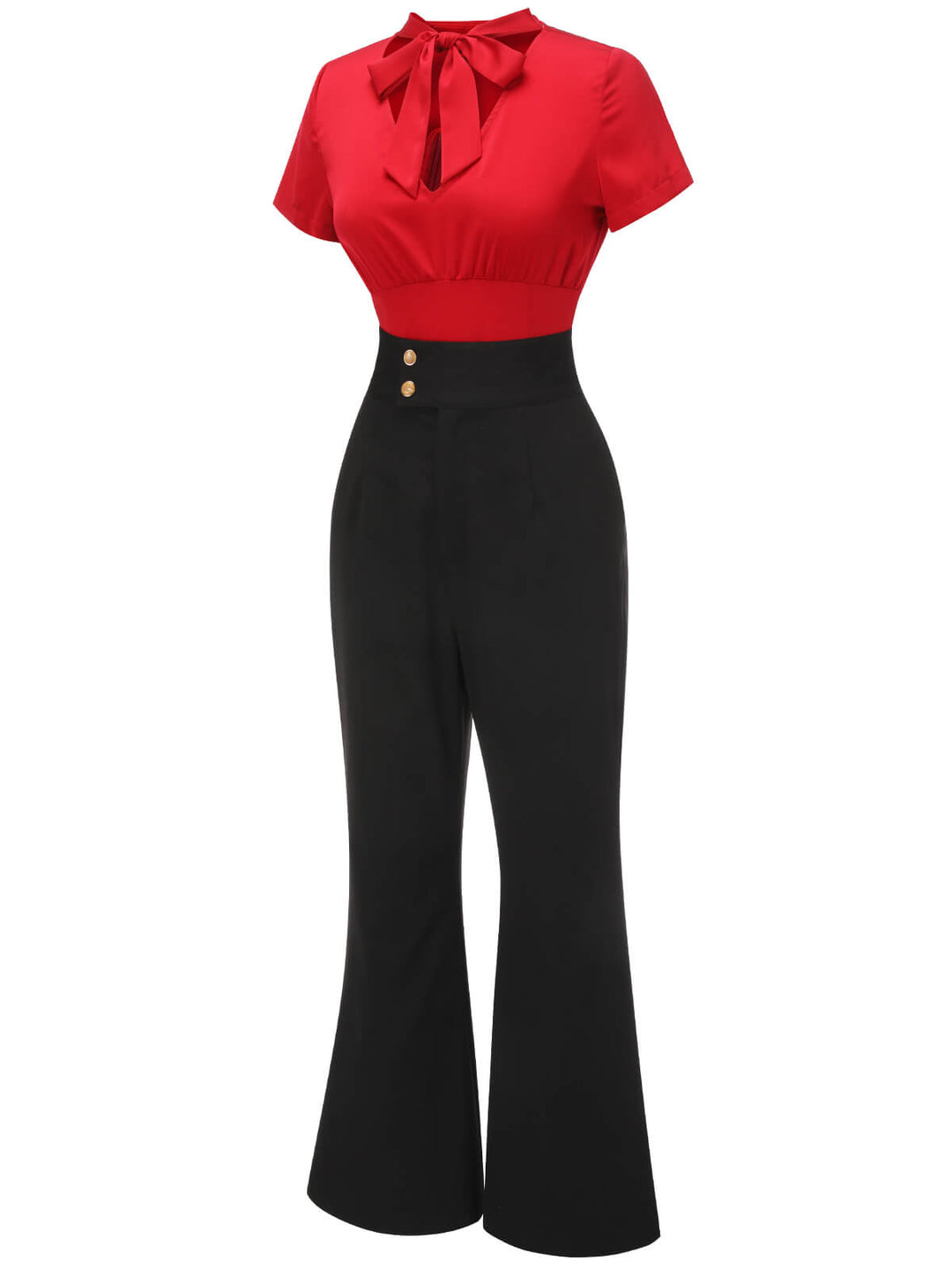 2PCS 1940s Red Tie-Up Blouse &amp; Black Pants, vintage top, blouse - perfect for women who love vintage and fashion