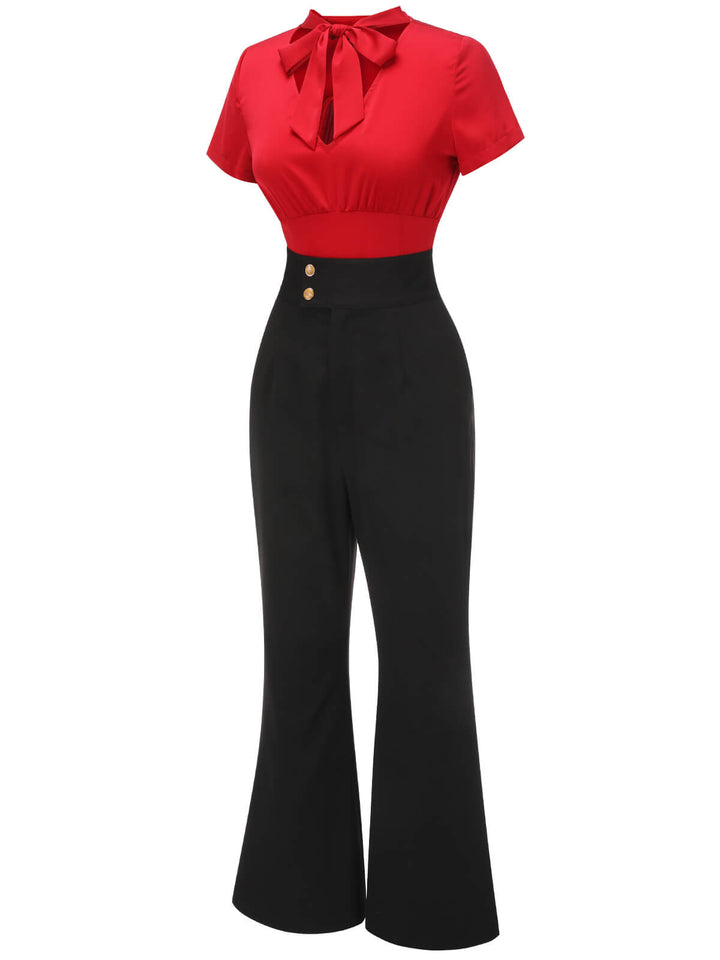 2PCS 1940s Red Tie-Up Blouse &amp; Black Pants, vintage top, blouse - perfect for women who love vintage and fashion