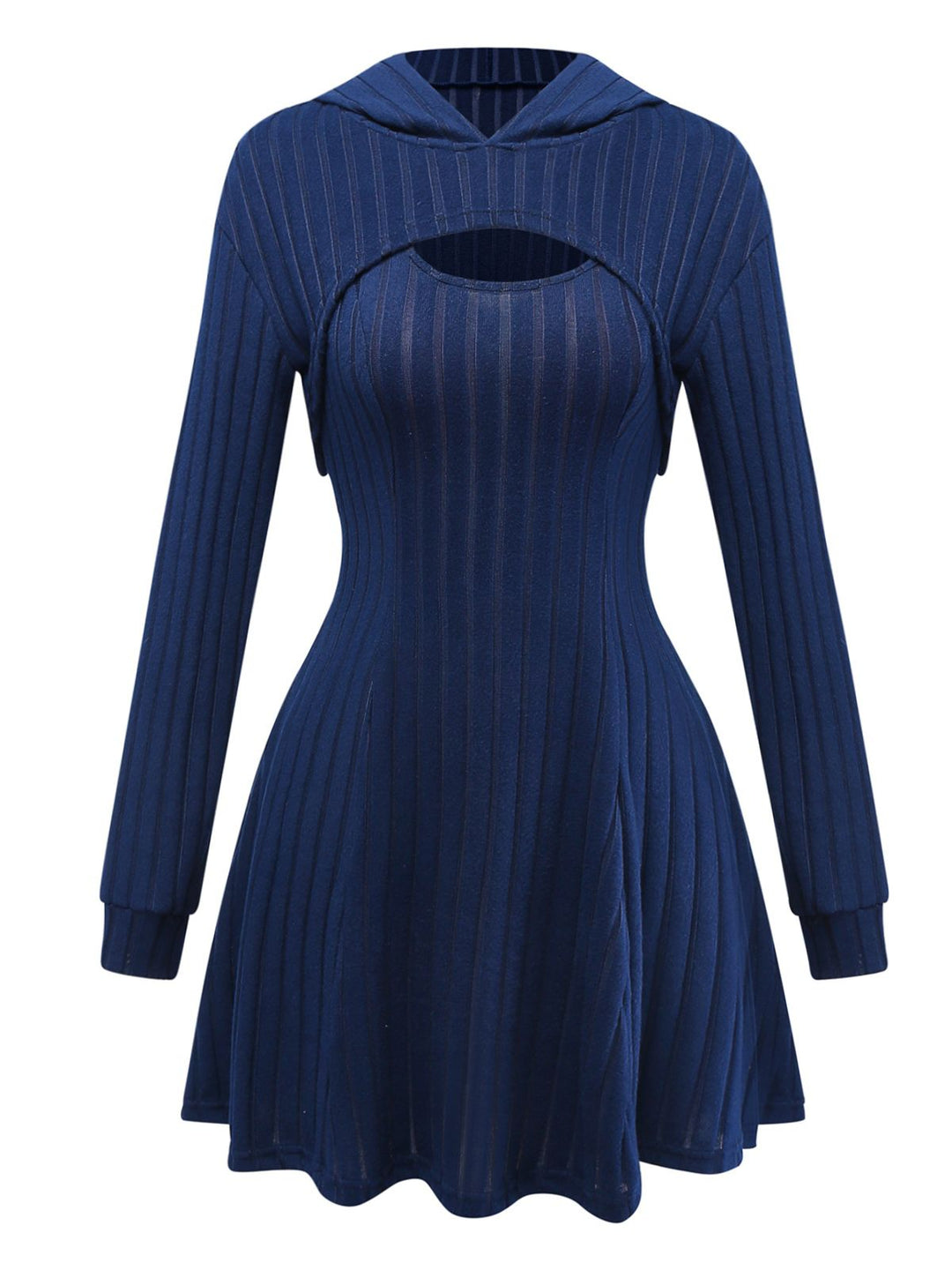 2PCS 1940s Ribbed Knit Cut-Out Hoodie Dress - vintage dress, fashion