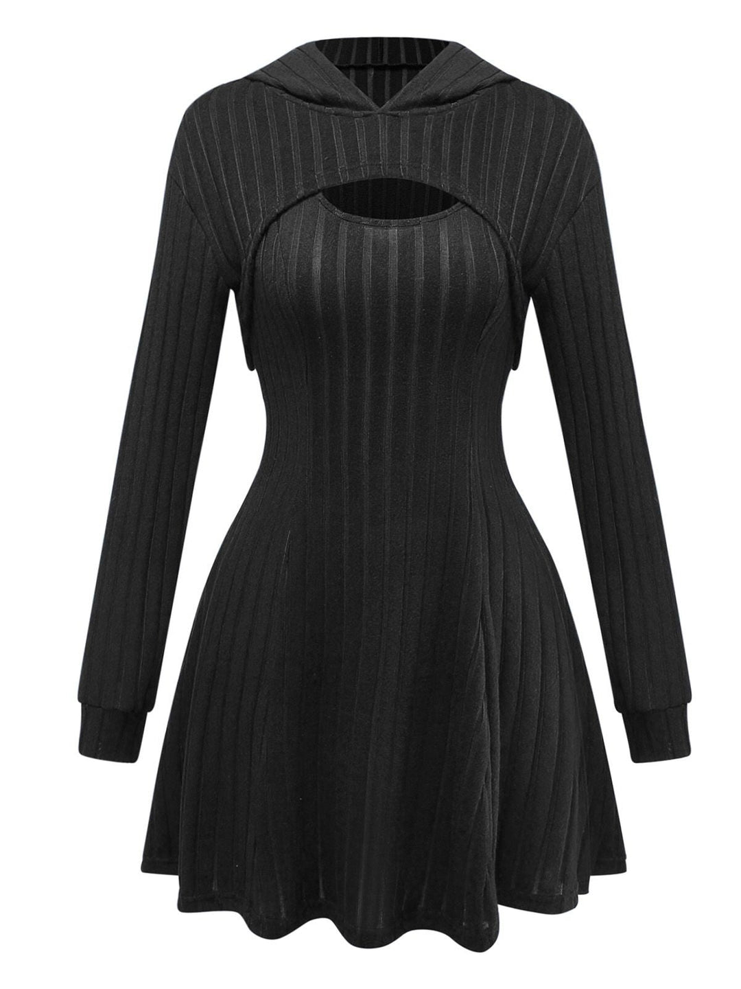 2PCS 1940s Ribbed Knit Cut-Out Hoodie Dress - vintage dress, fashion