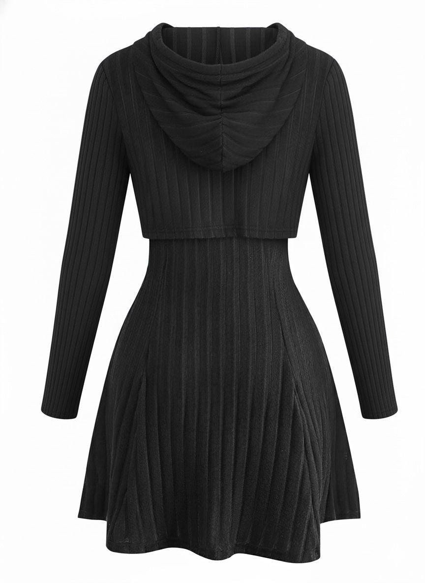 2PCS 1940s Ribbed Knit Cut-Out Hoodie Dress - vintage dress, fashion