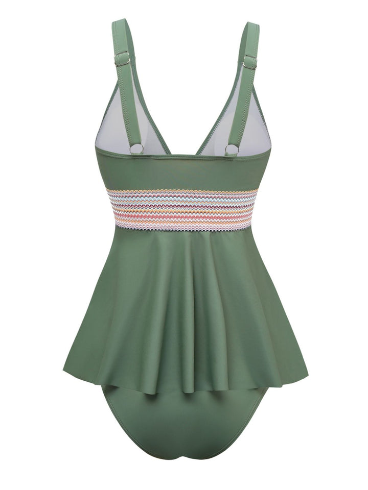 2PCS 1940s Solid Boho Ruffled Skirt Swimsuit - vintage skirt, retro style