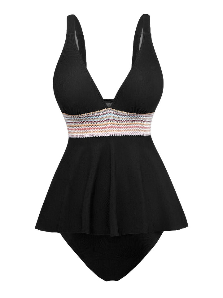 2PCS 1940s Solid Boho Ruffled Skirt Swimsuit - vintage skirt, retro style