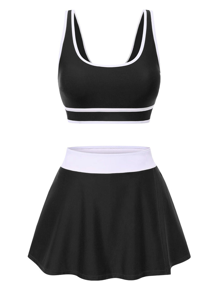 2PCS 1940s Square Neck Side Slit Colorblock Skirt Swimsuit, vintage skirt, retro style - perfect for women who love vintage and retro fashion