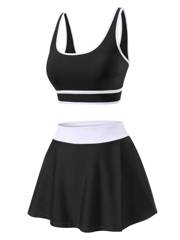 2PCS 1940s Square Neck Side Slit Colorblock Skirt Swimsuit, vintage skirt, retro style - perfect for women who love vintage and retro fashion