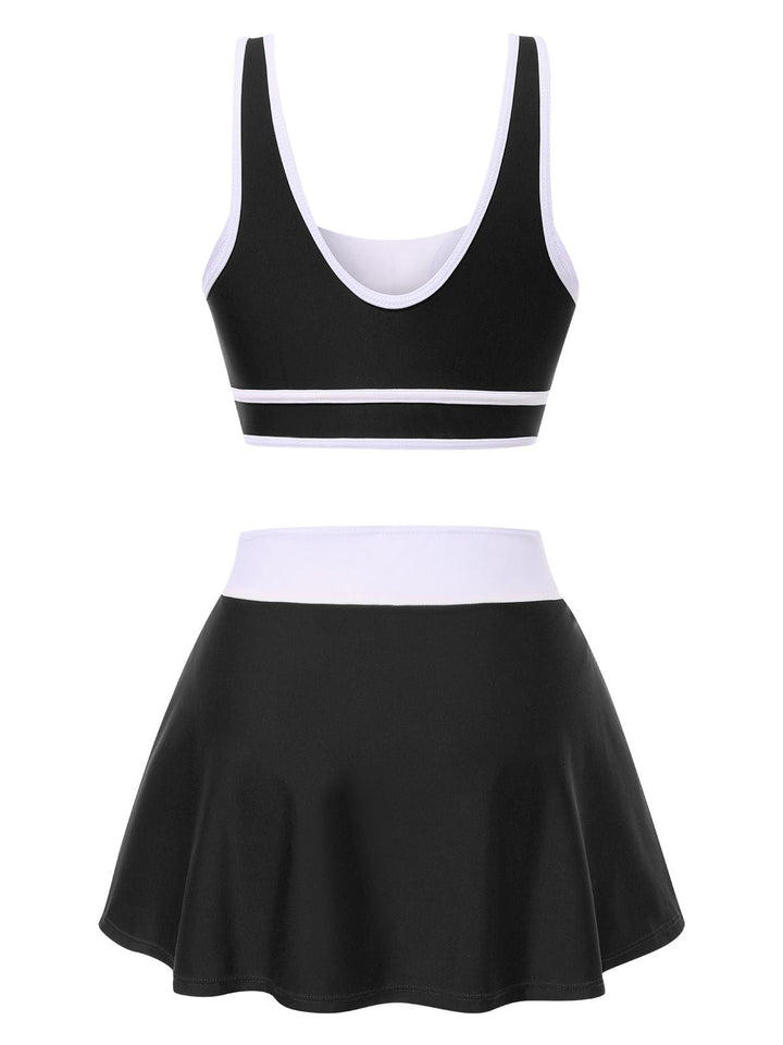 2PCS 1940s Square Neck Side Slit Colorblock Skirt Swimsuit, vintage skirt, retro style - perfect for women who love vintage and retro fashion