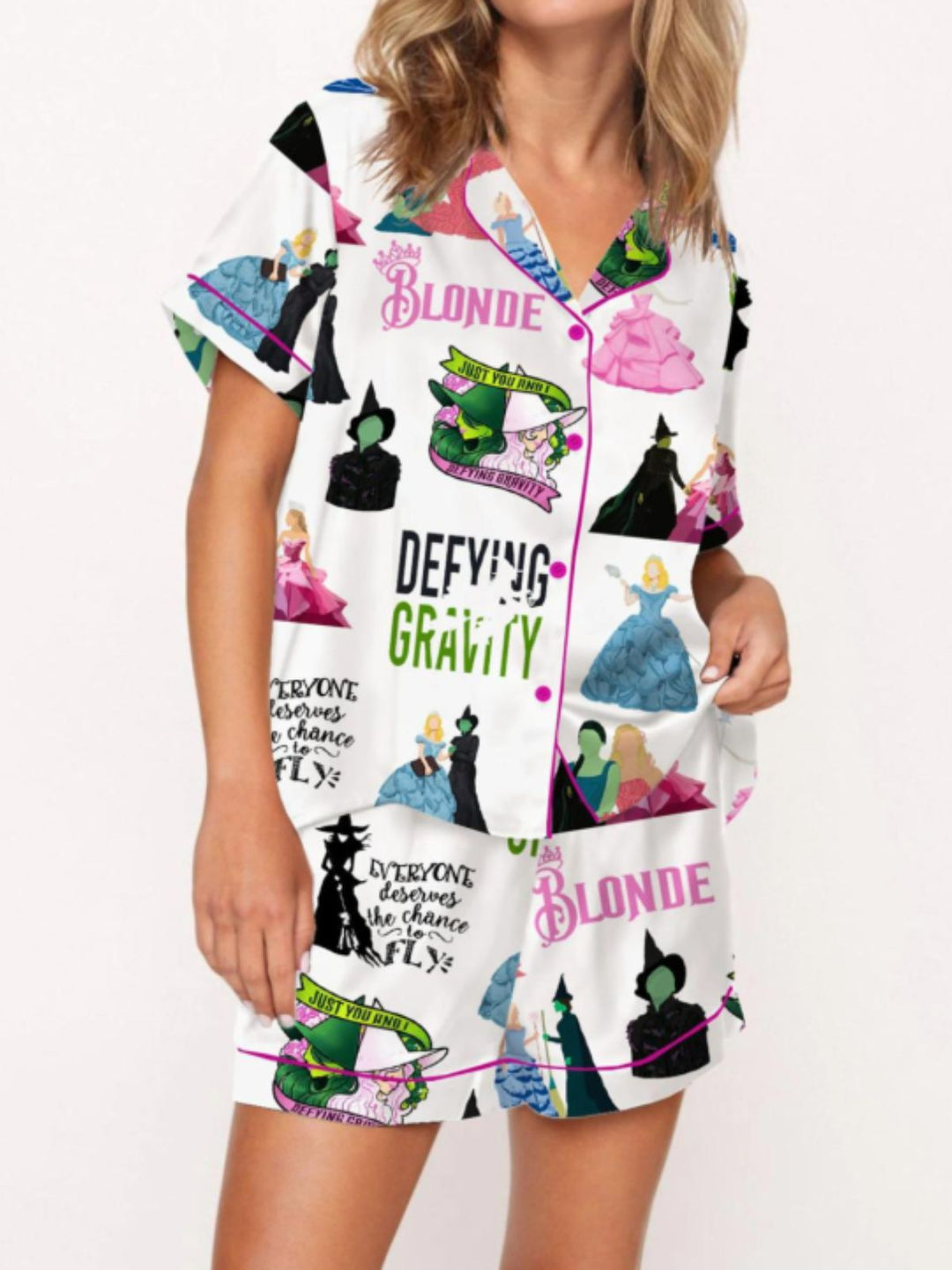2PCS Witch Cartoon Print Button Pajama Set - vintage fashion, retro style